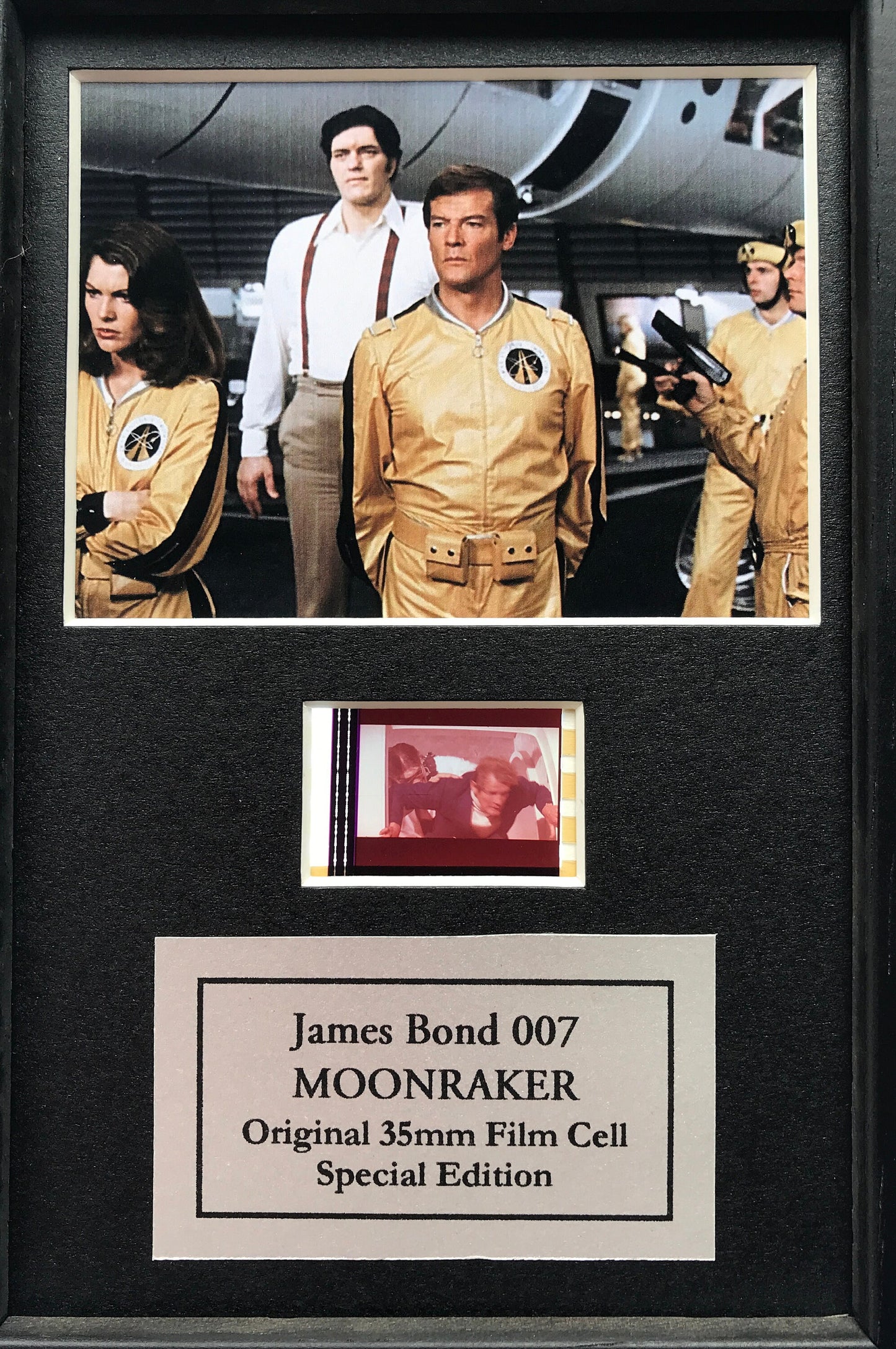 Hand crafted display featuring original film cell for a James Bond MOONRAKER fan