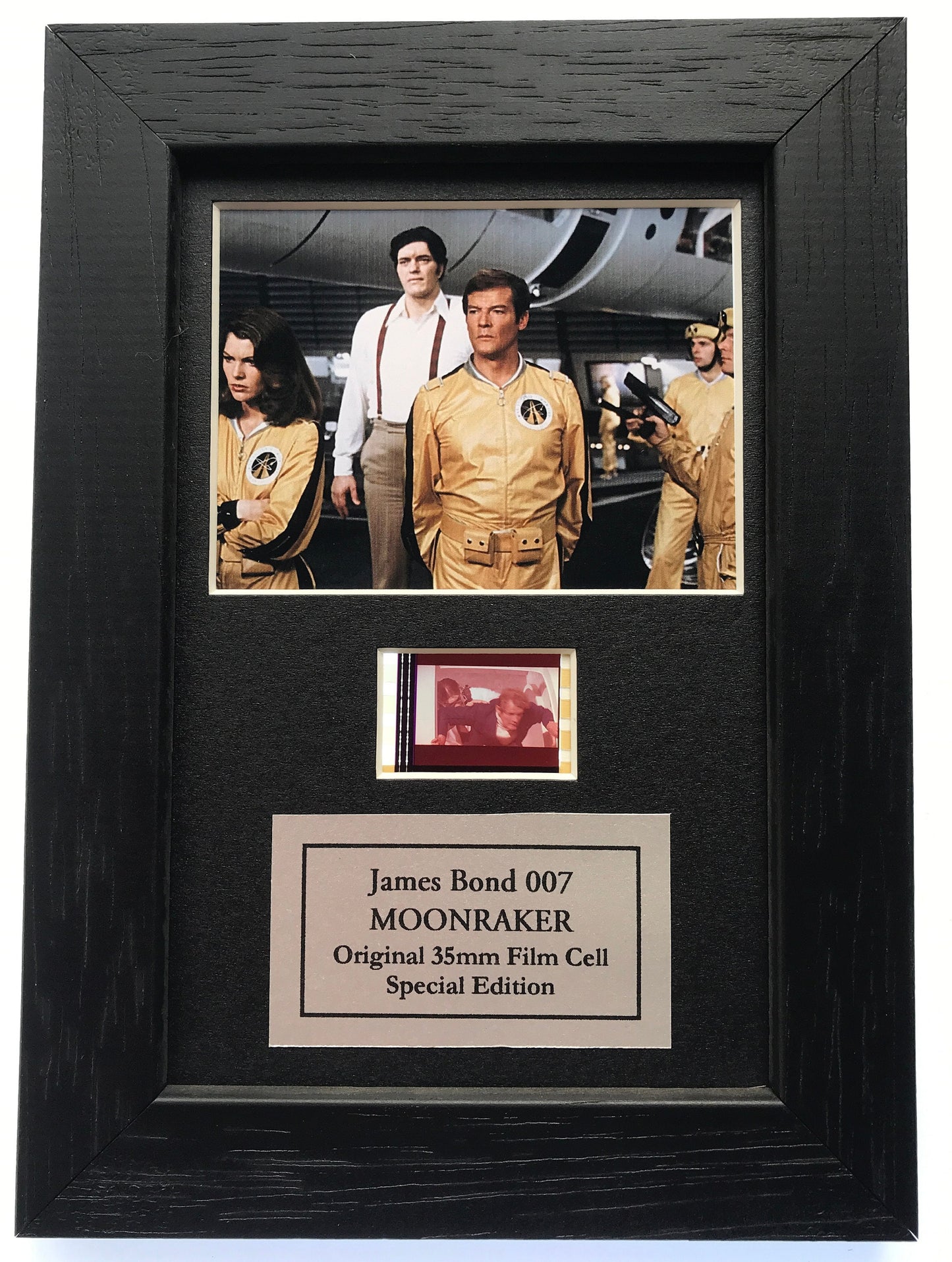 Hand crafted display featuring original film cell for a James Bond MOONRAKER fan