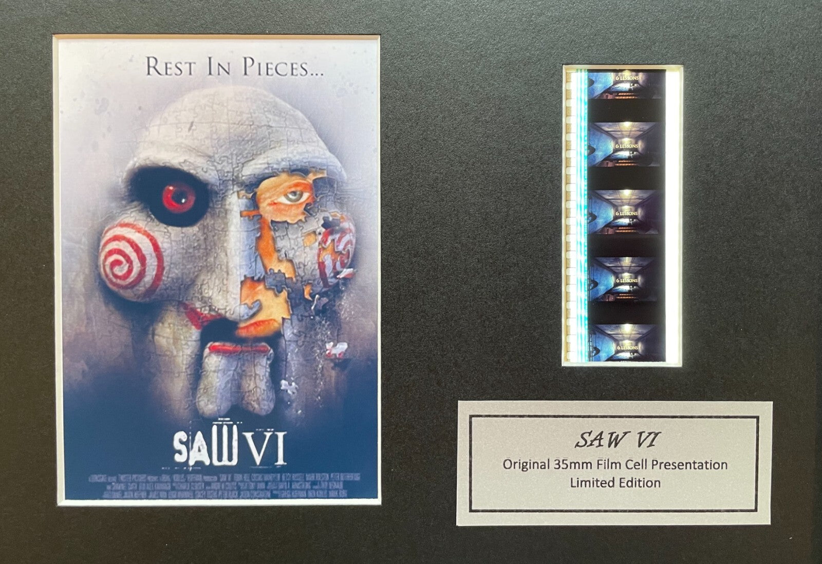 Hand crafted display featuring original 35mm film cells for a SAW VI fan + COA