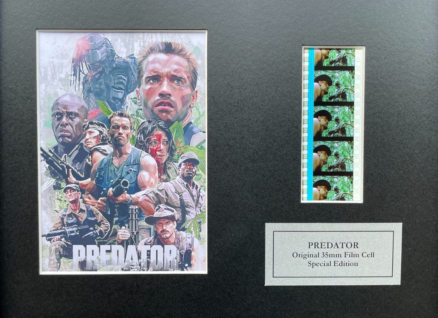 Hand crafted display featuring original 35mm film cells for PREDATOR 1987 fans