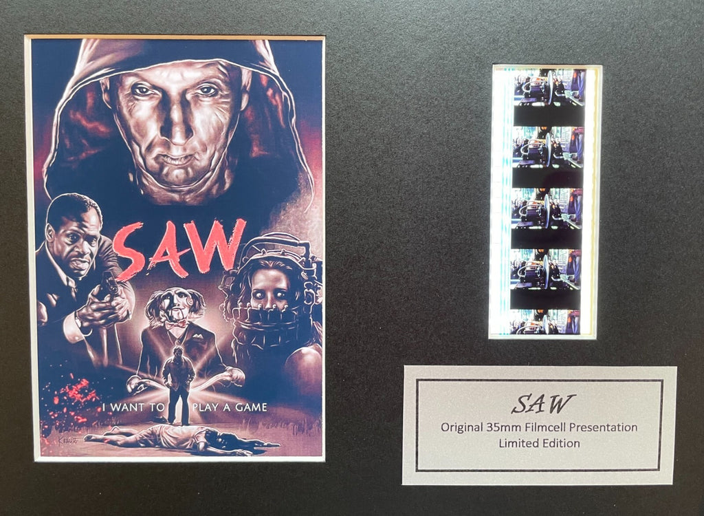 Hand crafted display featuring original 35mm film cells for a Saw 2004 Movie fan