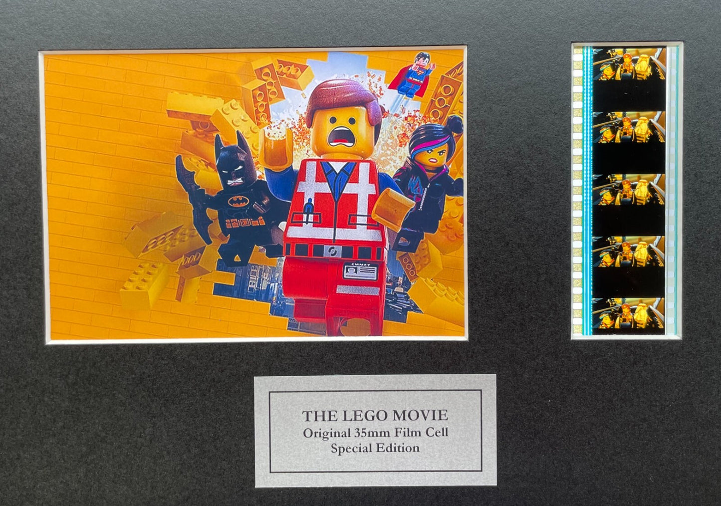 Hand crafted display featuring original 35mm film cells for THE LEGO MOVIE fans
