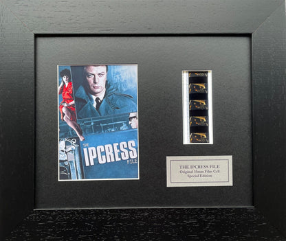 Hand crafted display featuring original 35mm filmcells for The Ipcress File fans