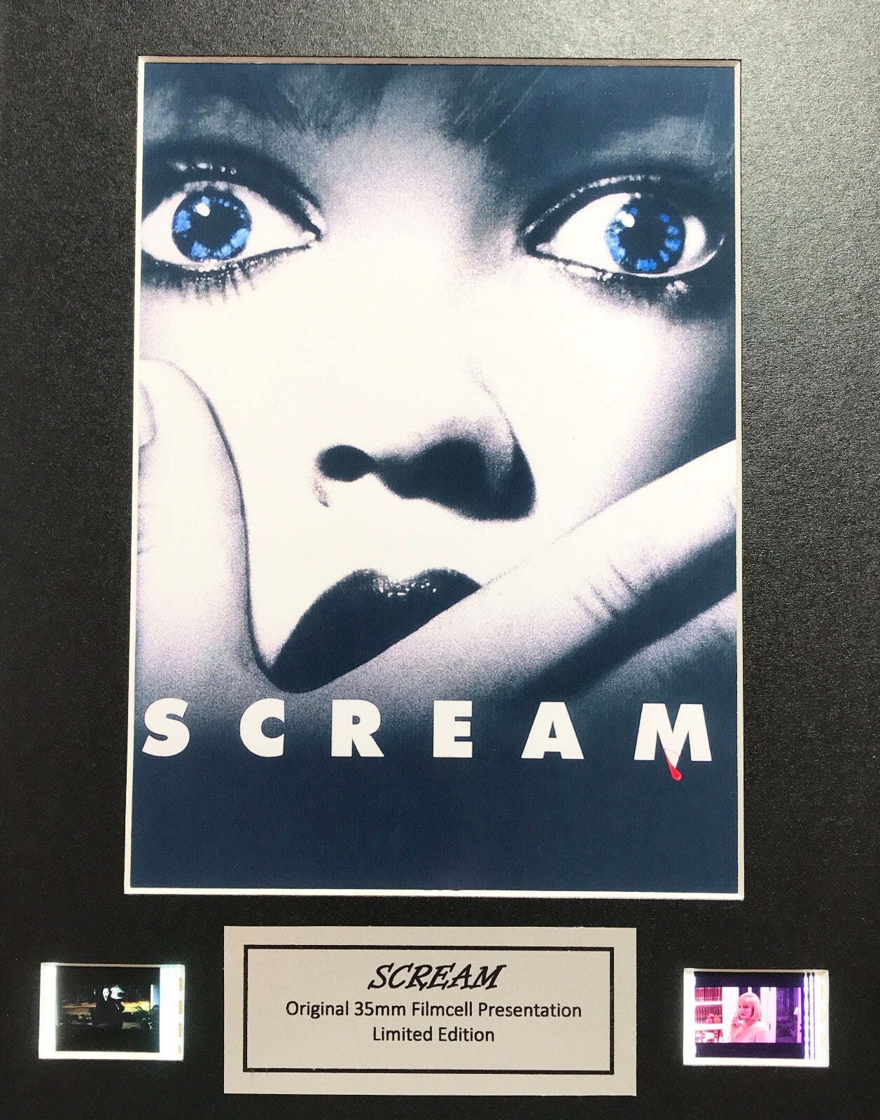 Hand crafted display featuring original 35mm film cells for a SCREAM 1 fan