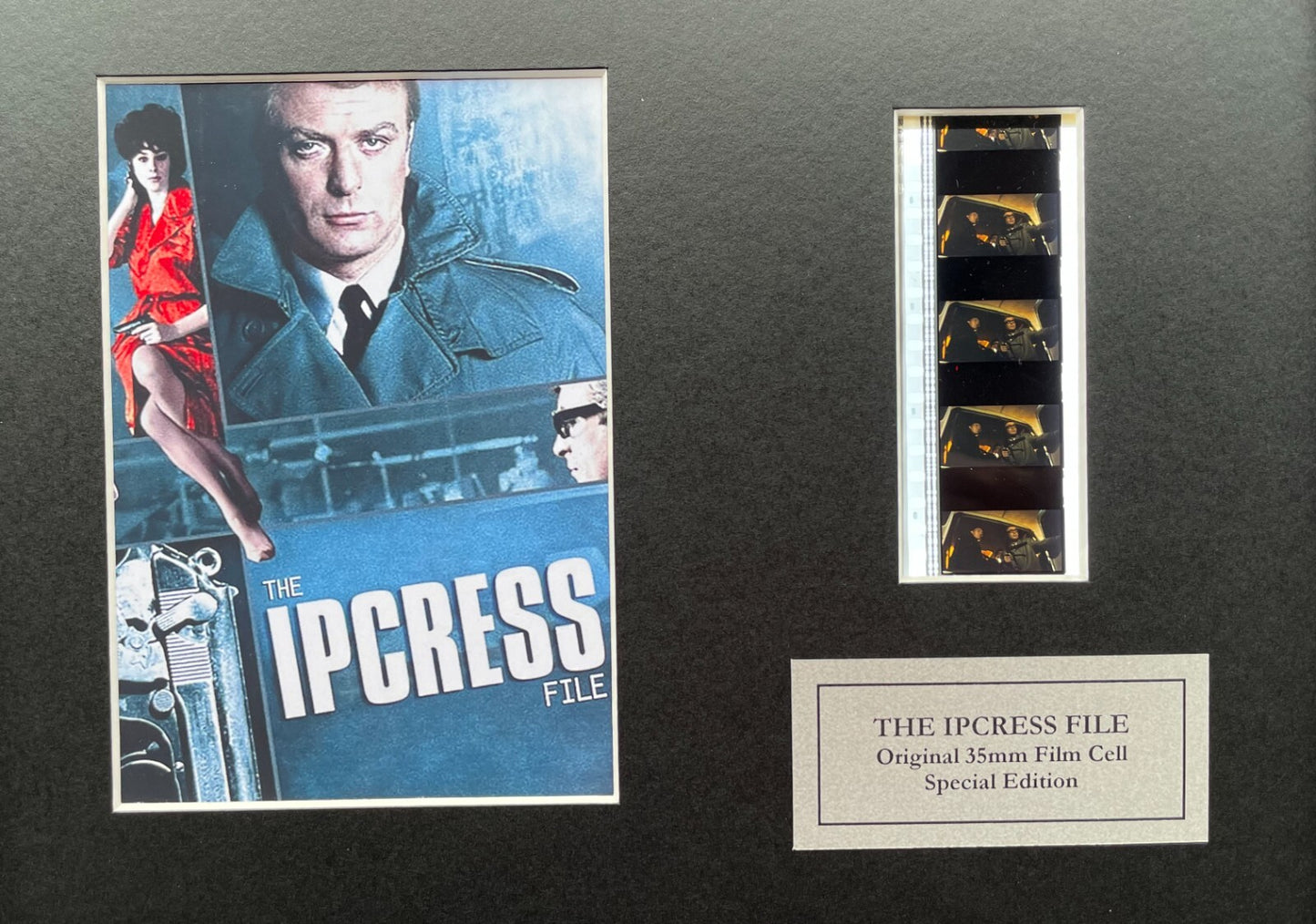 Hand crafted display featuring original 35mm filmcells for The Ipcress File fans