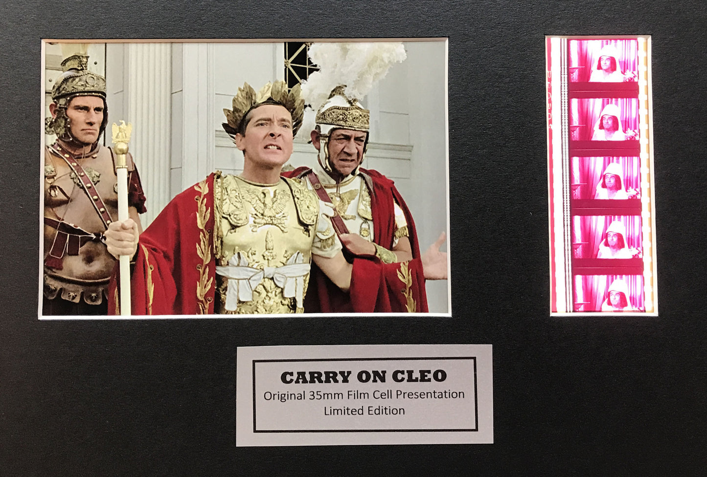 Handmade display featuring original filmcells for CARRY ON CLEO (Sid James) fans