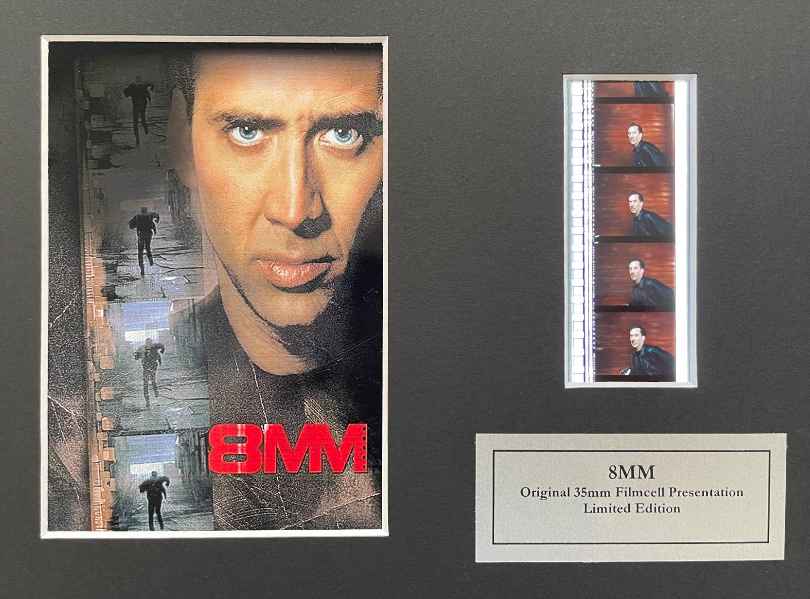 Hand crafted display featuring original 35mm film cells for a 8MM fan + COA