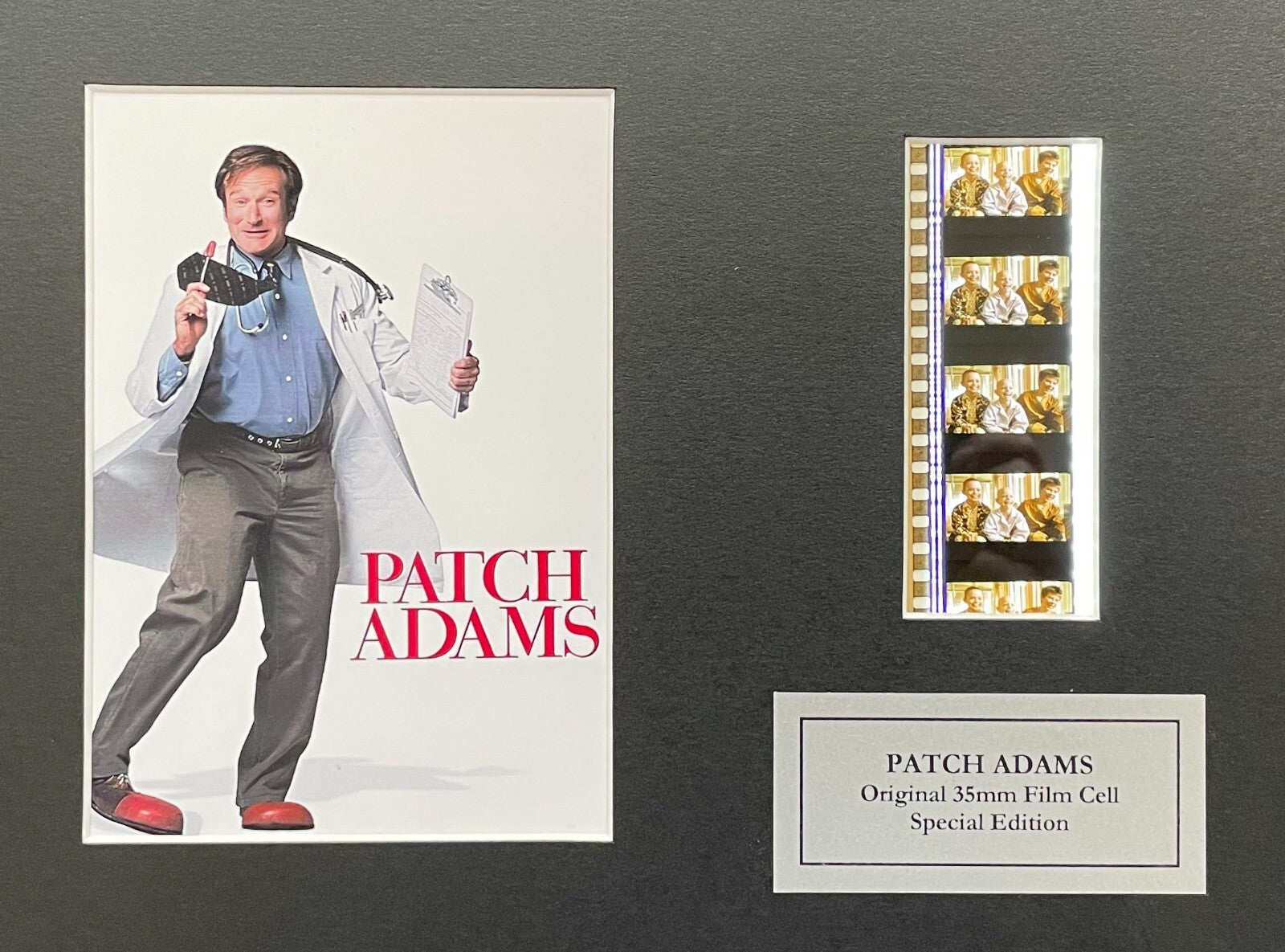 Hand crafted display featuring original 35mm film cells for a PATCH ADAMS fan