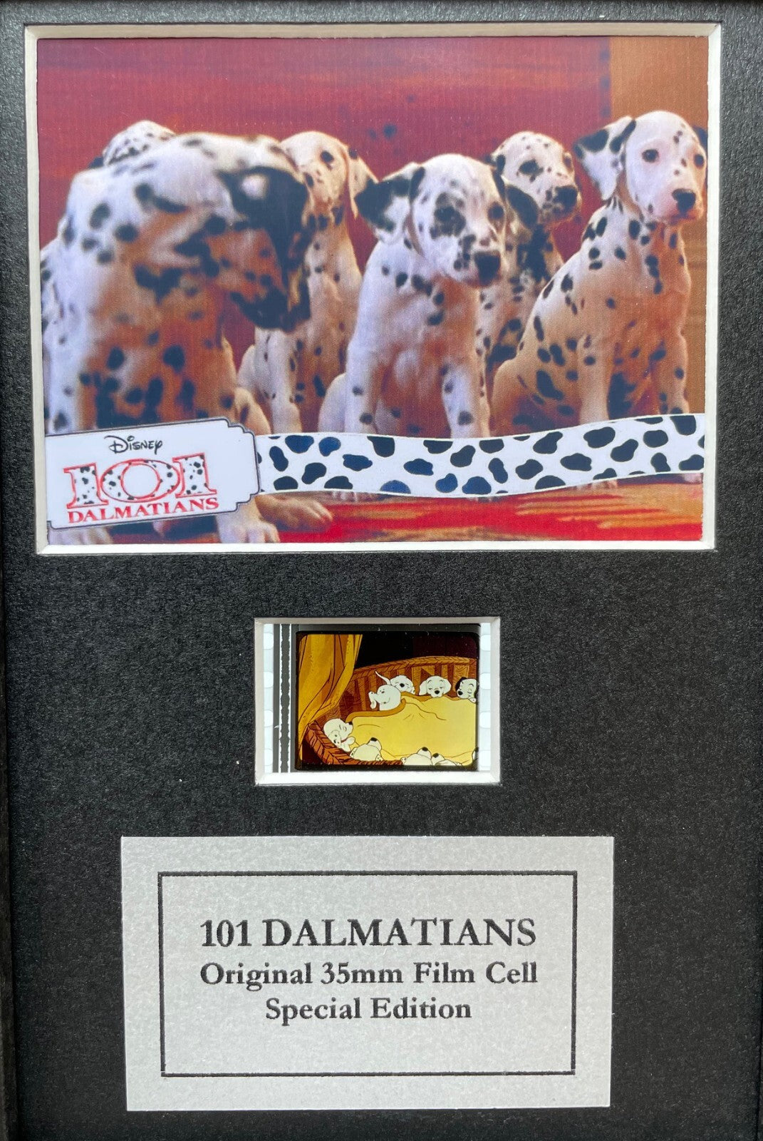 Hand crafted display featuring original 35mm film cells for 101 DALMATIANS fans