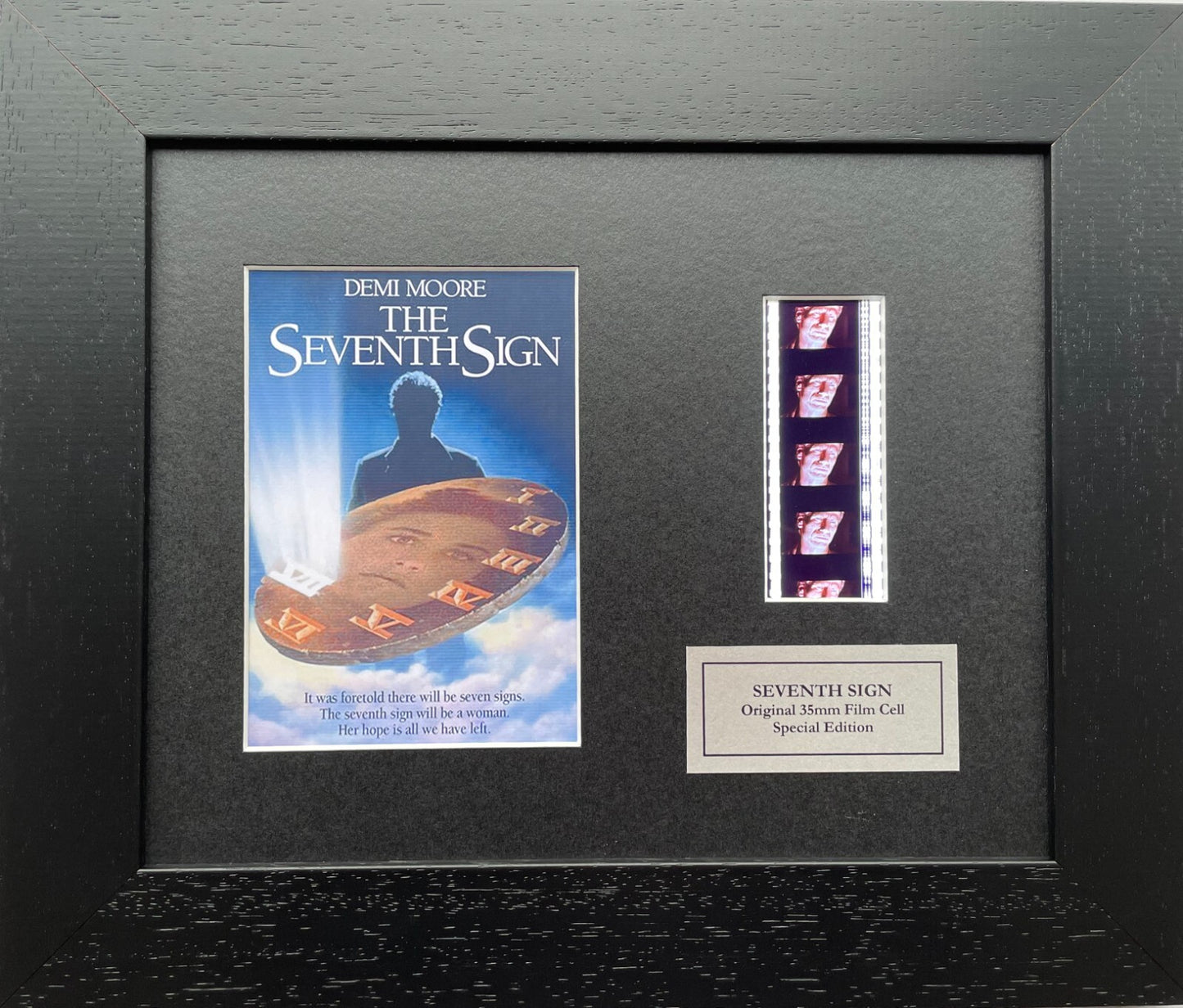 Hand crafted display featuring original 35mm filmcells for THE SEVENTH SIGN fans