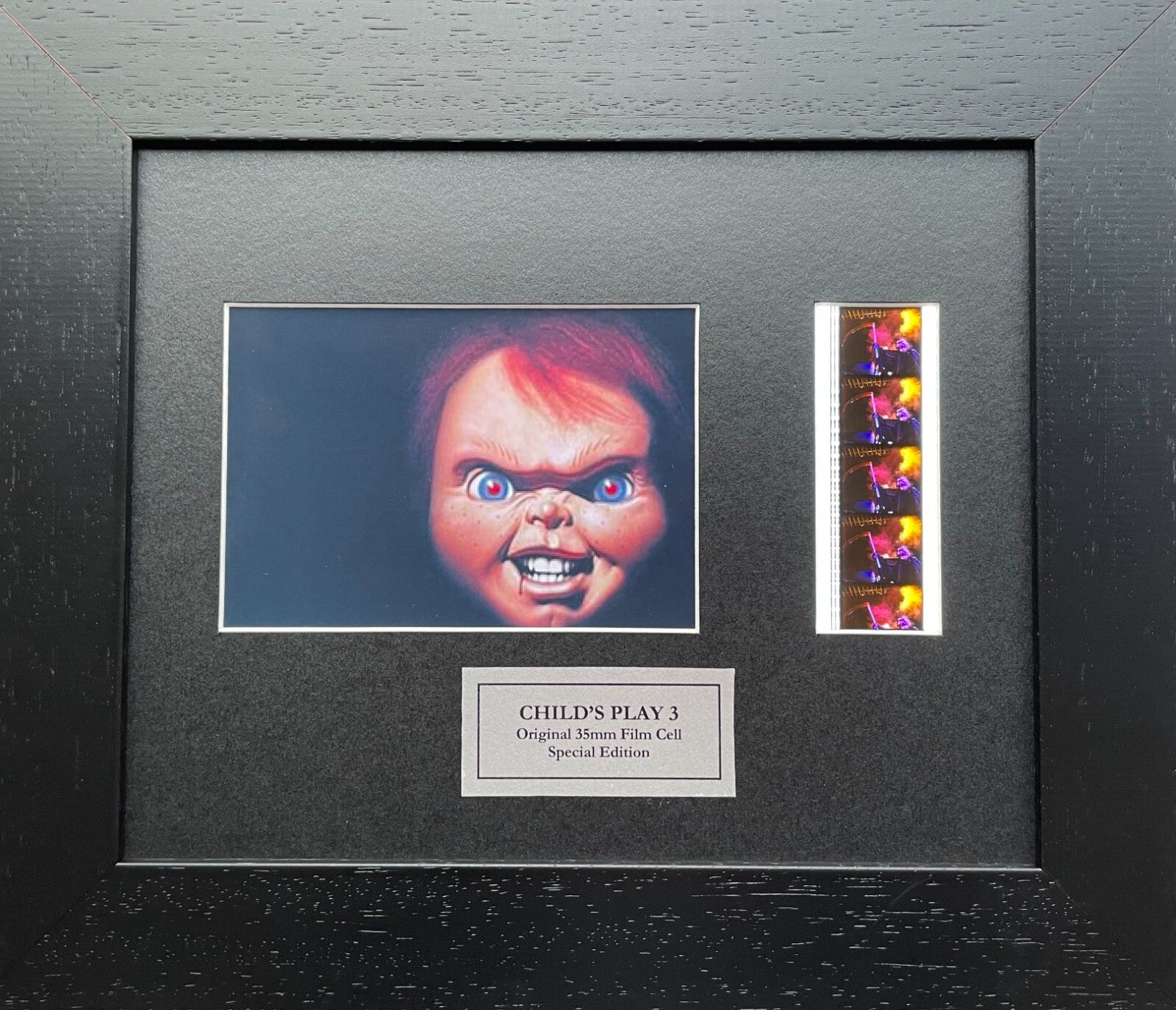 Hand crafted display featuring original 35mm film cells for a CHILD'S PLAY 3 fan