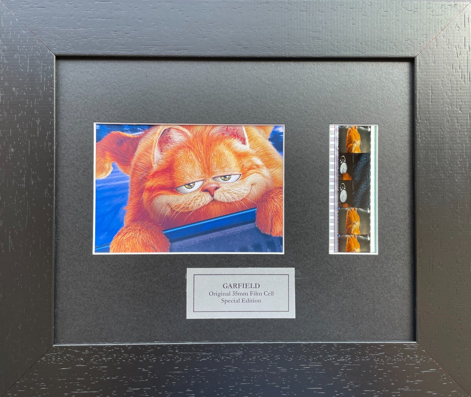 Hand crafted display featuring original 35mm film cells for a GARFIELD fan
