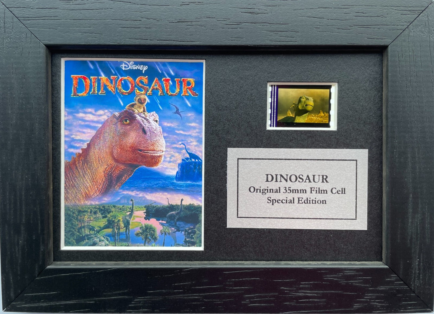 Hand crafted display featuring original Mini filmcell for a Dinosaur of 2000 fan