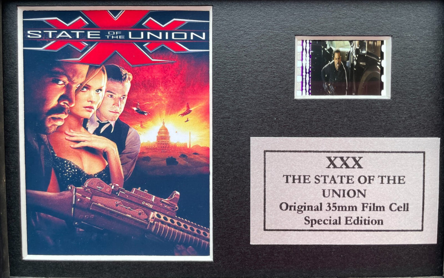 Hand crafted display featuring original Mini 35mm film cells for xXx movie fans