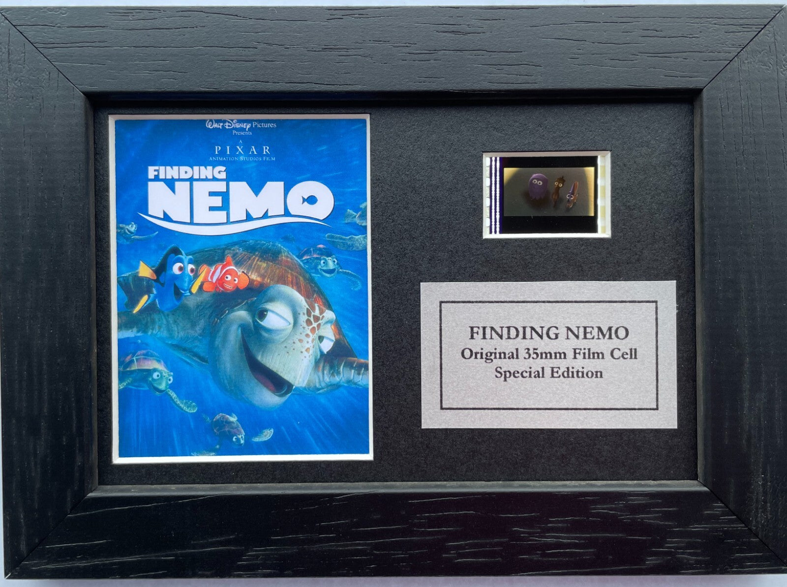 Hand crafted display featuring original 35mm film cells for a Finding Nemo fan
