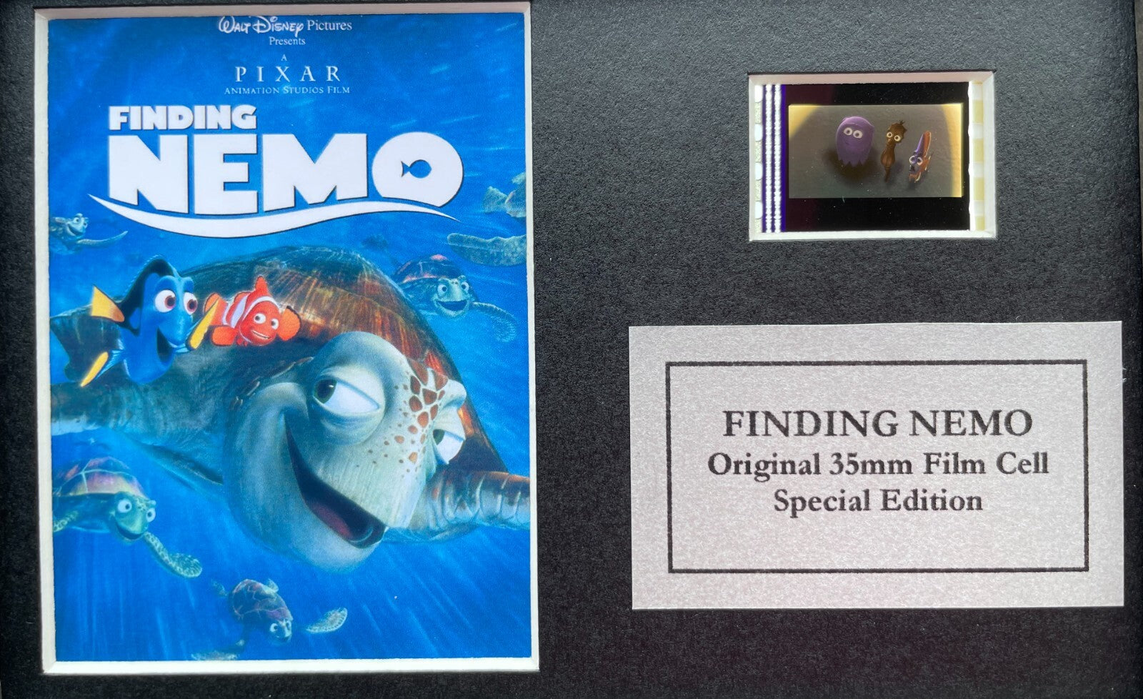 Hand crafted display featuring original 35mm film cells for a Finding Nemo fan