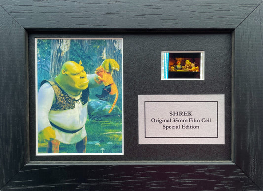 Hand crafted display featuring original Mini 35mm film cells for SHREK 2 fans
