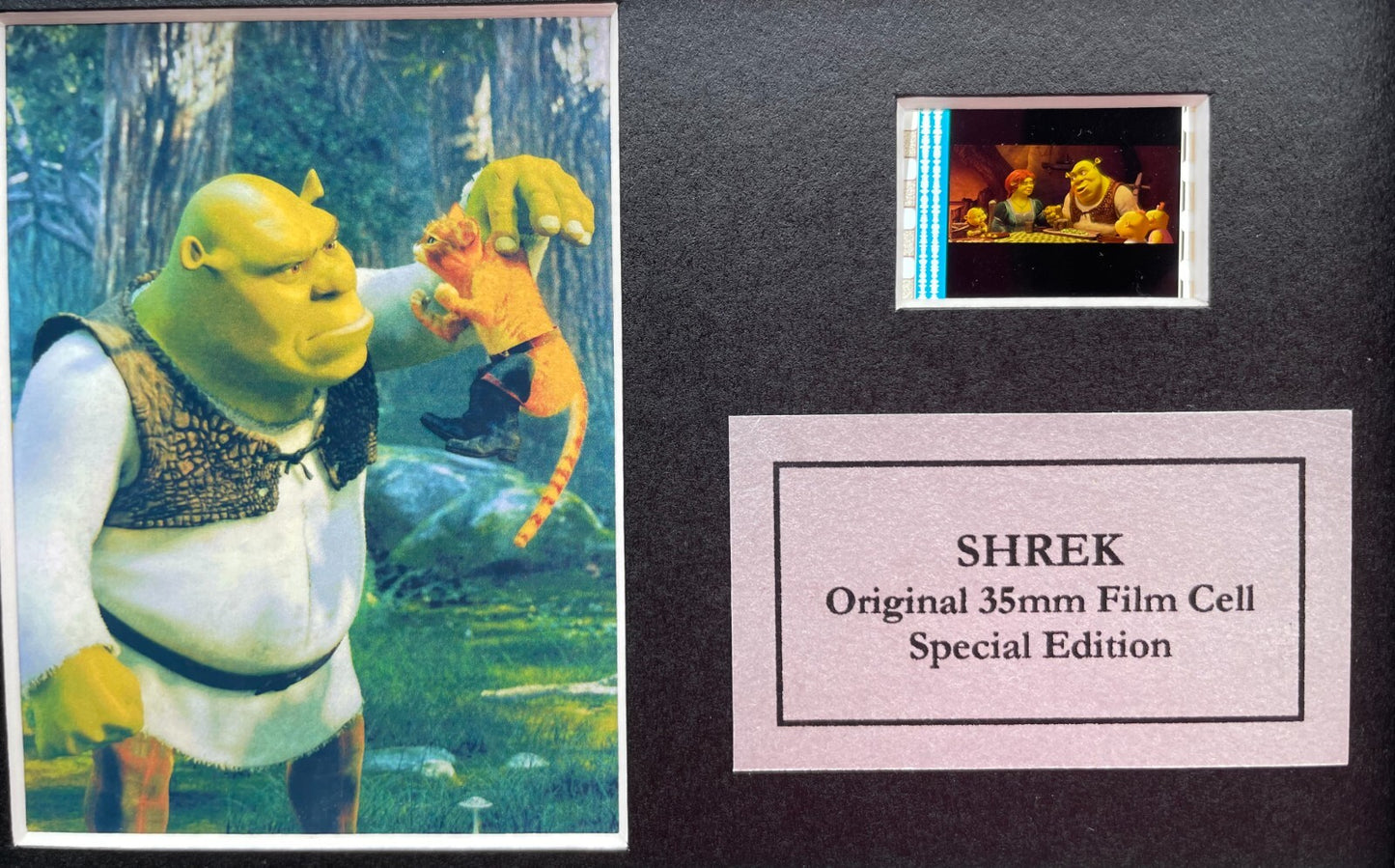 Hand crafted display featuring original Mini 35mm film cells for SHREK 2 fans