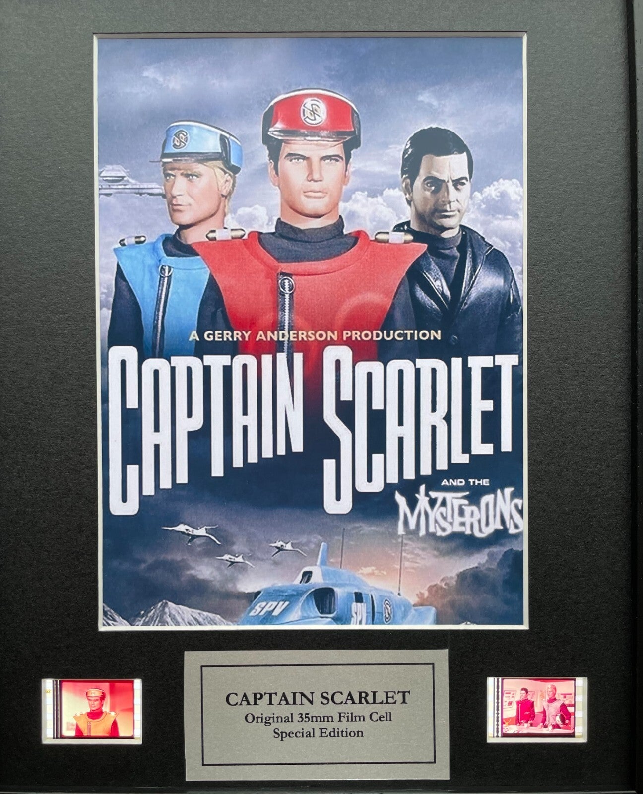 Hand crafted display featuring original 35mm film cells for CAPTAIN SCARLET fans