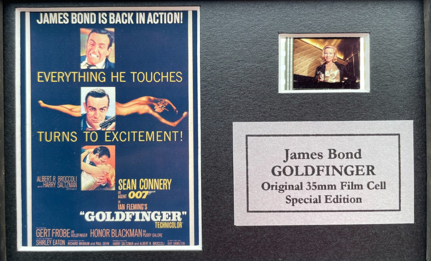 Handmade display featuring original film cells for James Bond GOLDFINGER fans vM