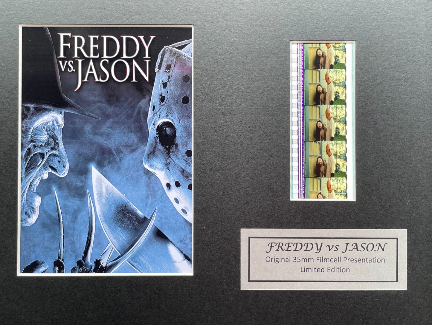 Handmade display featuring original 35mm film cells for a Freddie vs Jason fan