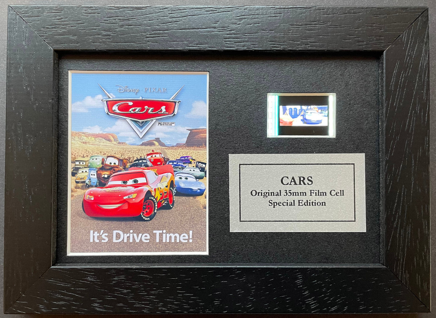 Hand crafted display featuring original Mini film cells for a Cars Movie fan