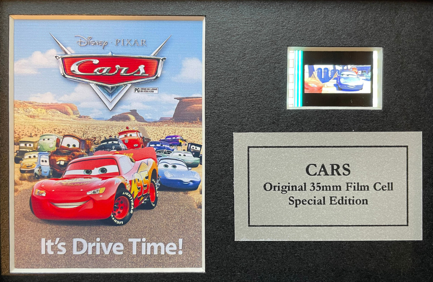 Hand crafted display featuring original Mini film cells for a Cars Movie fan