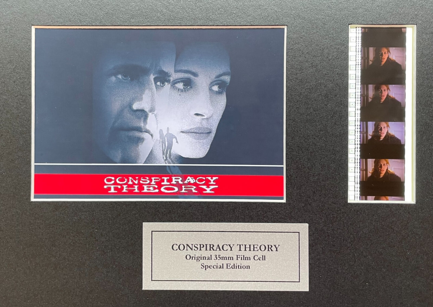 Handmade display featuring original 35mm film cells for a Conspiracy Theory fan