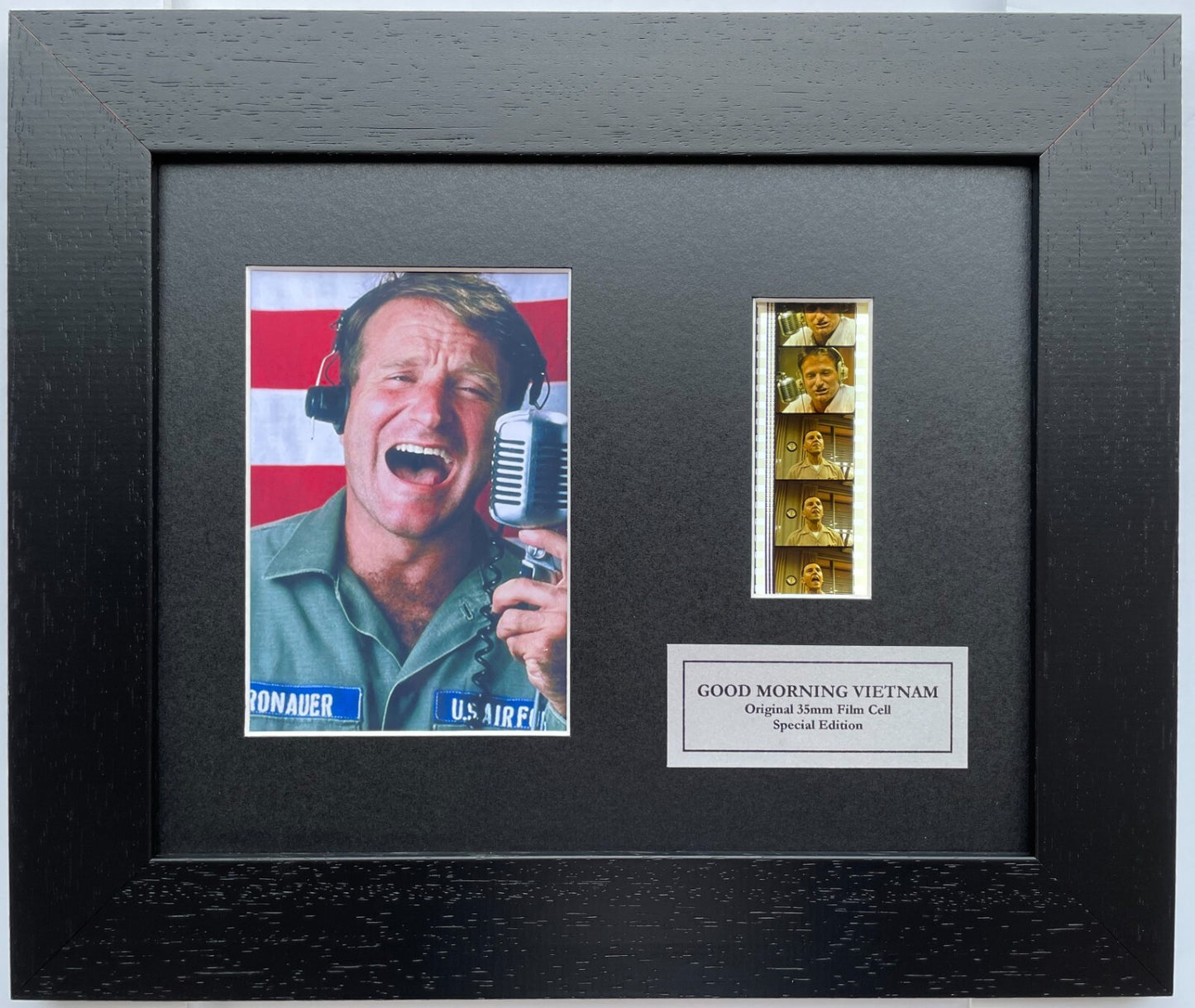 Hand crafted display featuring original film cells for GOOD MORNING VIETNAM fans