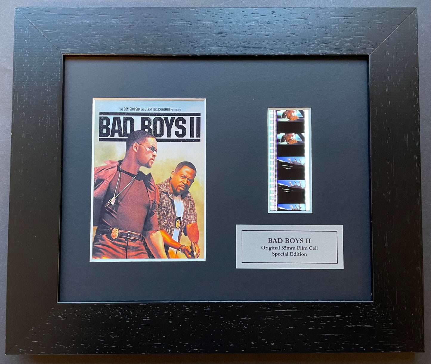Hand crafted display featuring original 35mm film cells for Bad Boys II fans