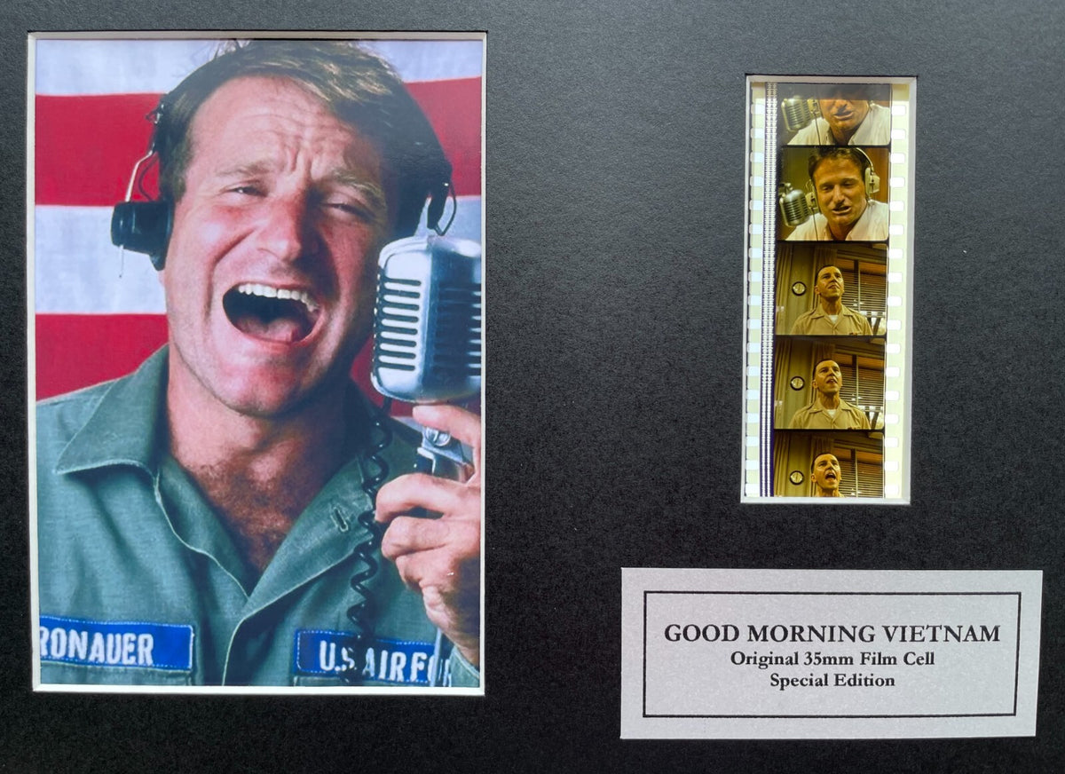 Hand crafted display featuring original film cells for GOOD MORNING VIETNAM fans