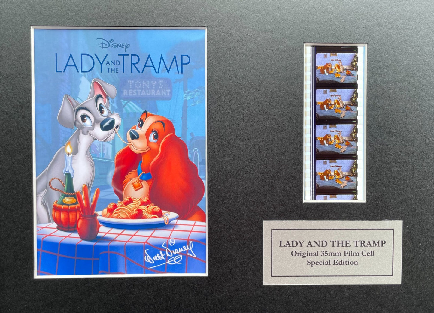 Hand crafted display featuring original 35mm filmcells for Lady & The Tramp fans