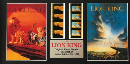 Handmade display featuring original double 35mm filmcells for THE LION KING fans