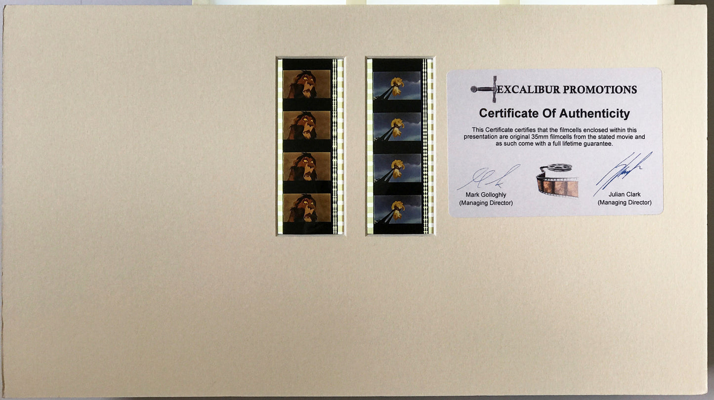 Handmade display featuring original double 35mm filmcells for THE LION KING fans