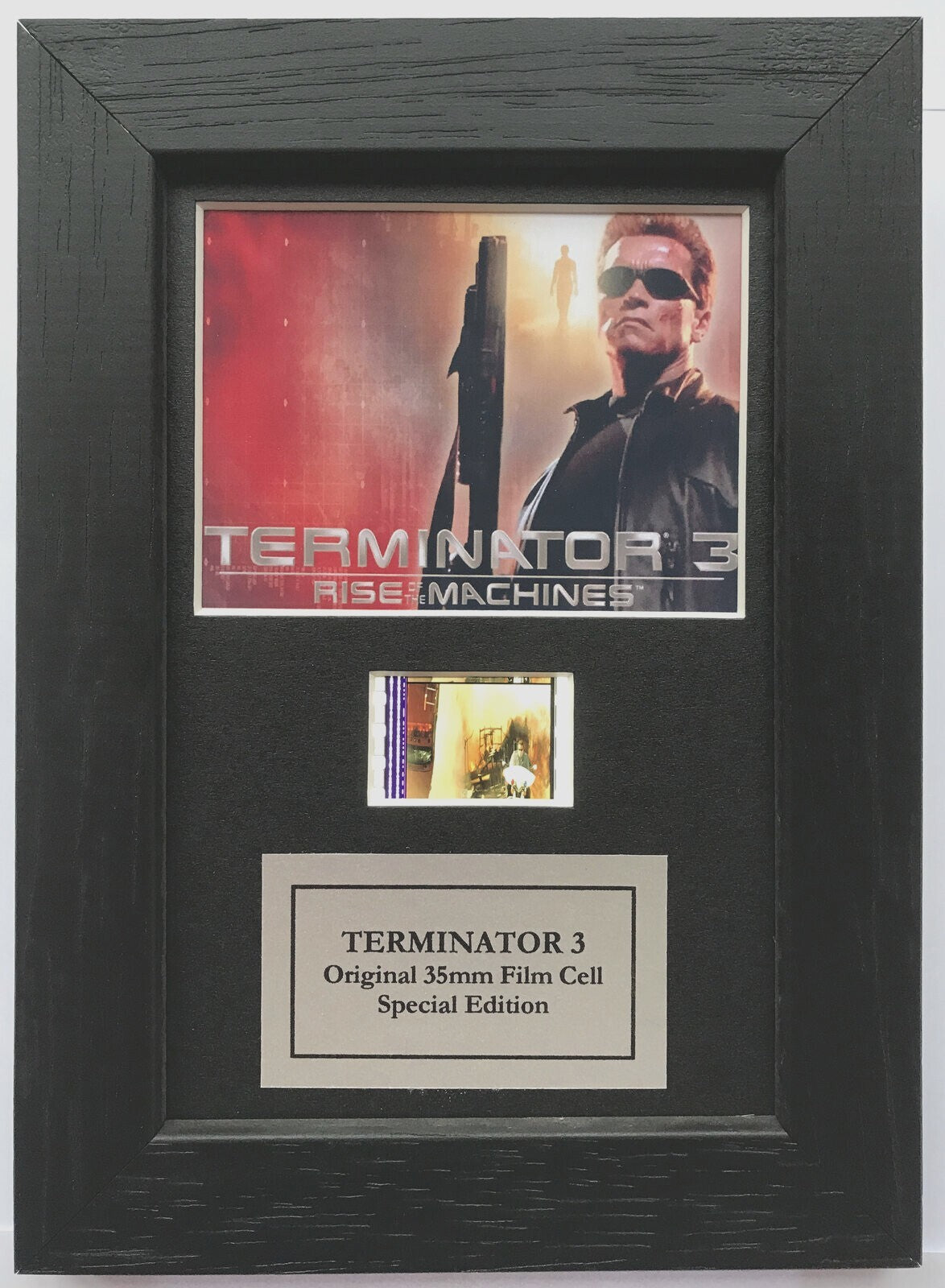 Handmade display featuring original Mini 35mm film cells for a Terminator 3 fan