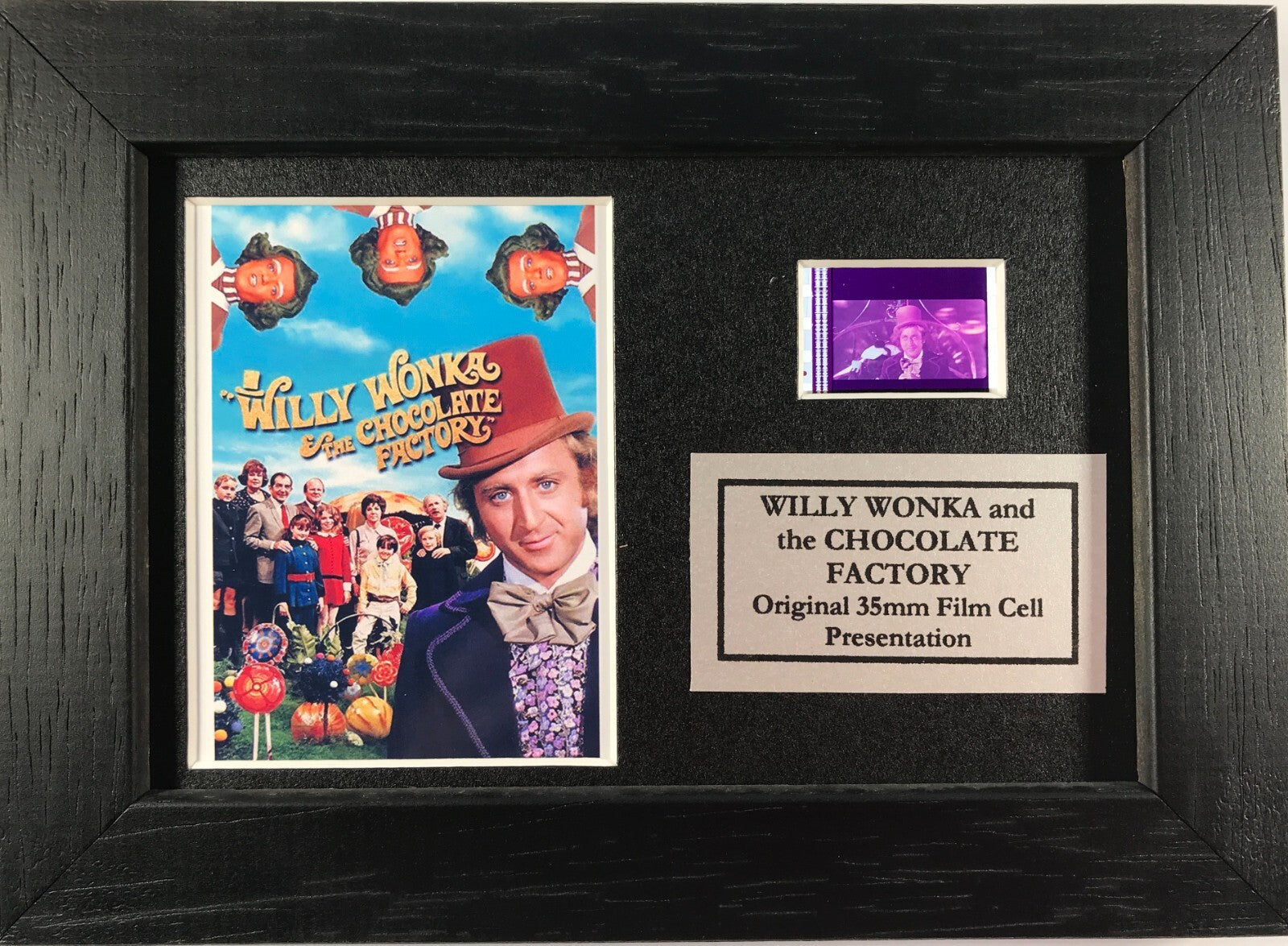 Hand crafted display featuring original 35mm film cells for a WILLY WONKA fan