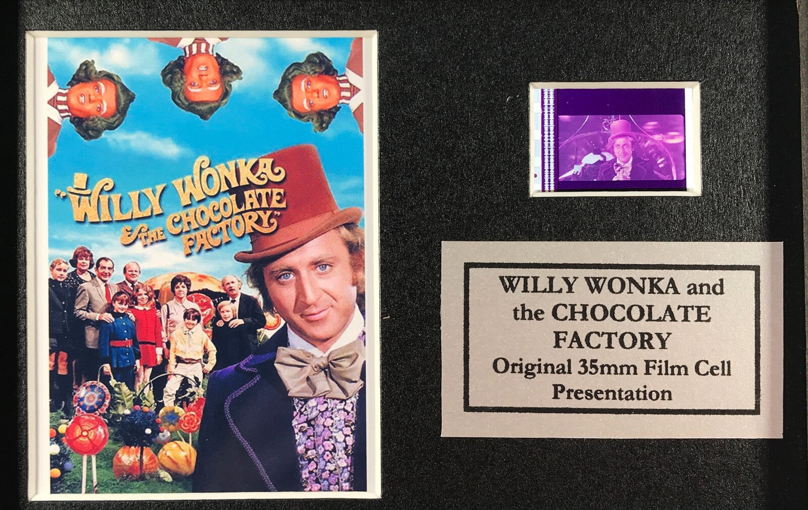 Hand crafted display featuring original 35mm film cells for a WILLY WONKA fan