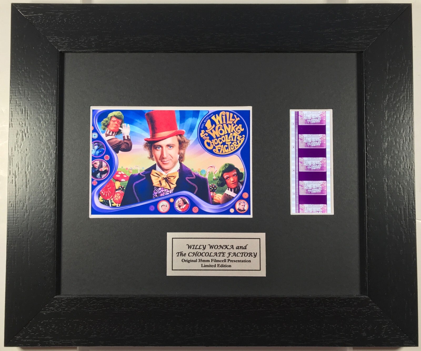 Hand Crafted display featuring original 35mm film cells for a WILLY WONKA fan + COA