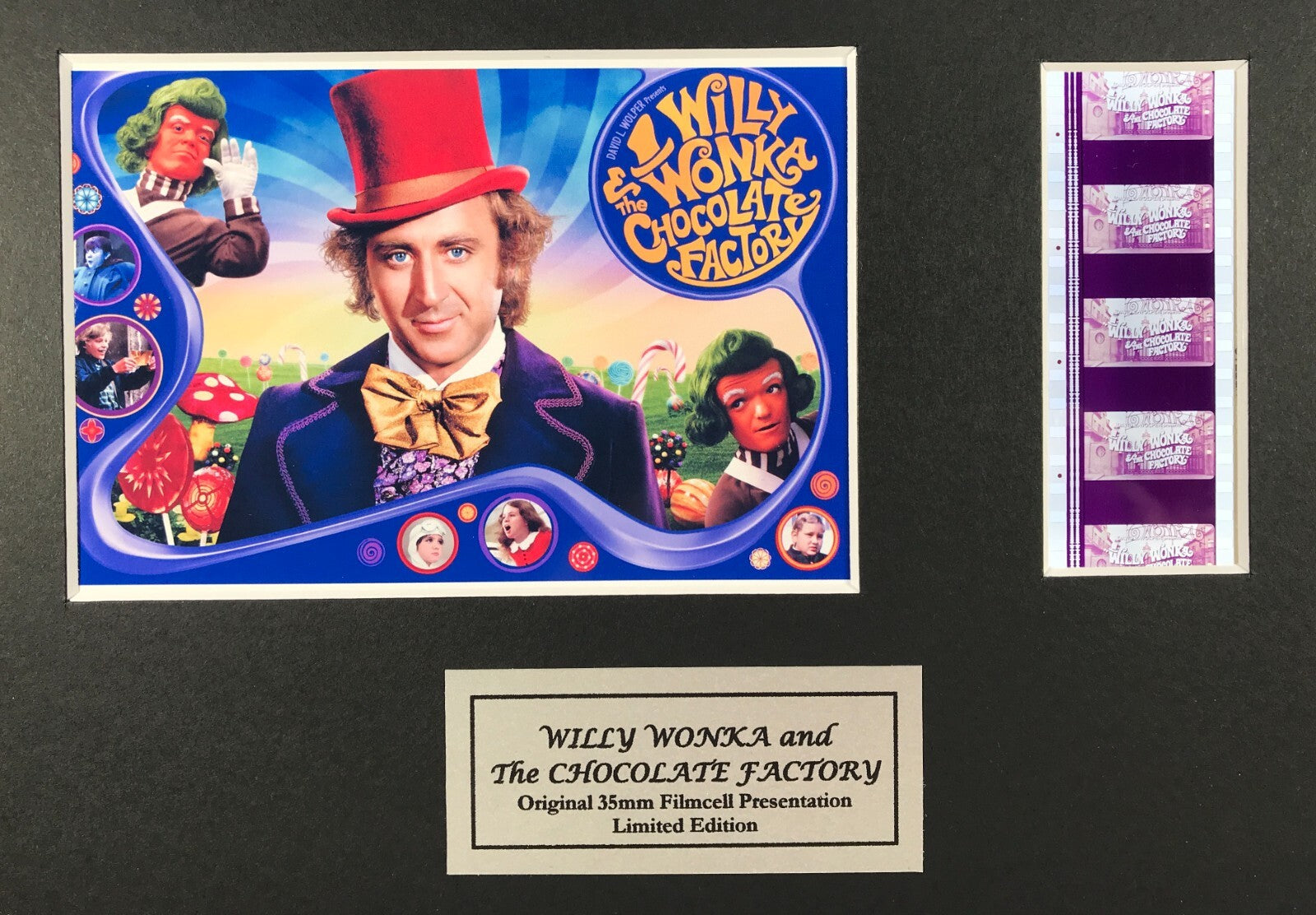 Hand Crafted display featuring original 35mm film cells for a WILLY WONKA fan + COA