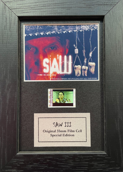 Handmade display featuring original Mini 35mm film cells for a SAW III fan + COA