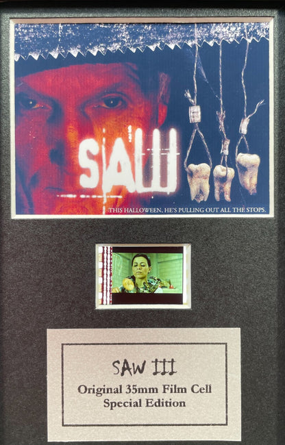 Handmade display featuring original Mini 35mm film cells for a SAW III fan + COA