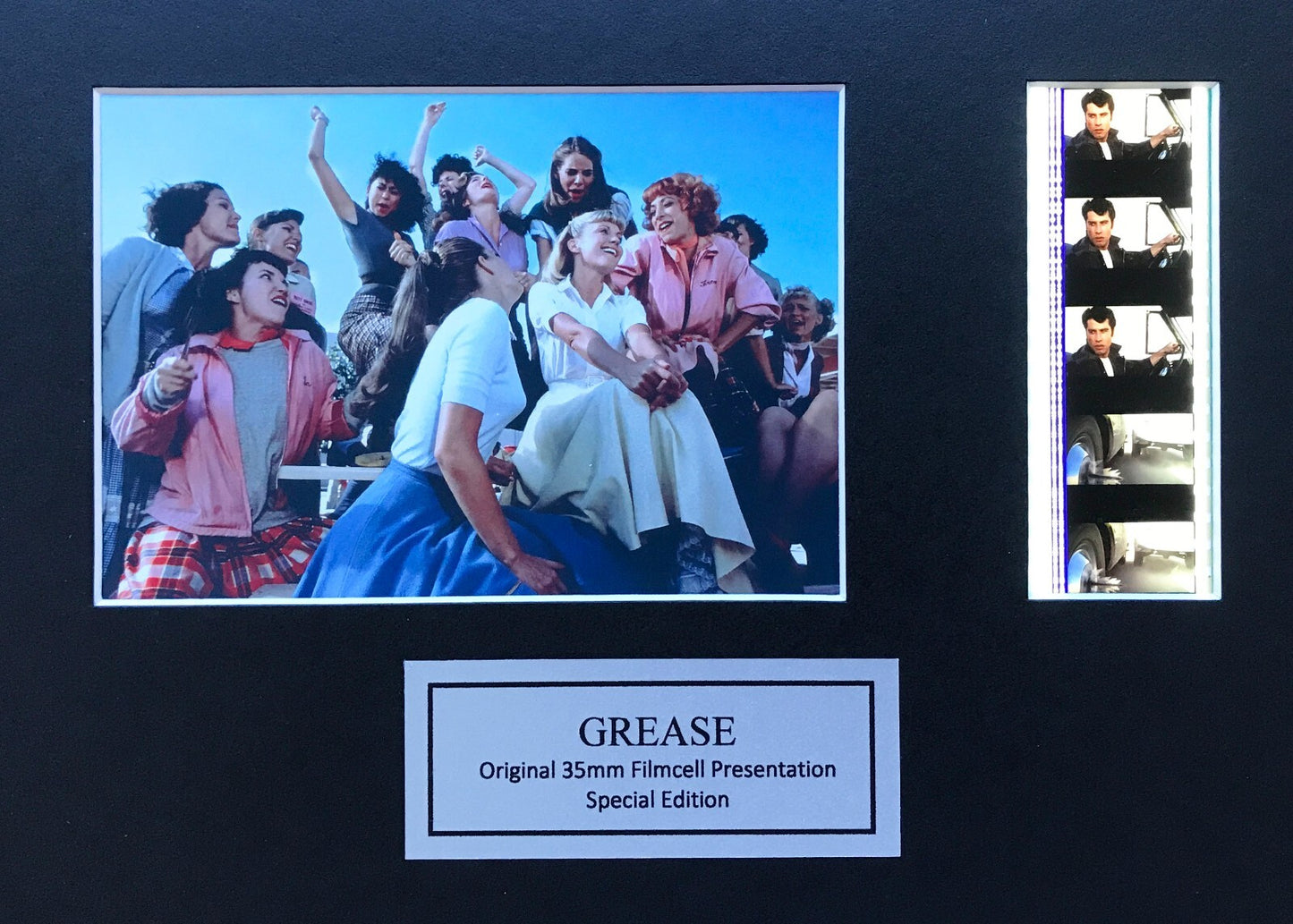 Handmade display featuring original 35mm film cells for a GREASE 1978 fan + COA