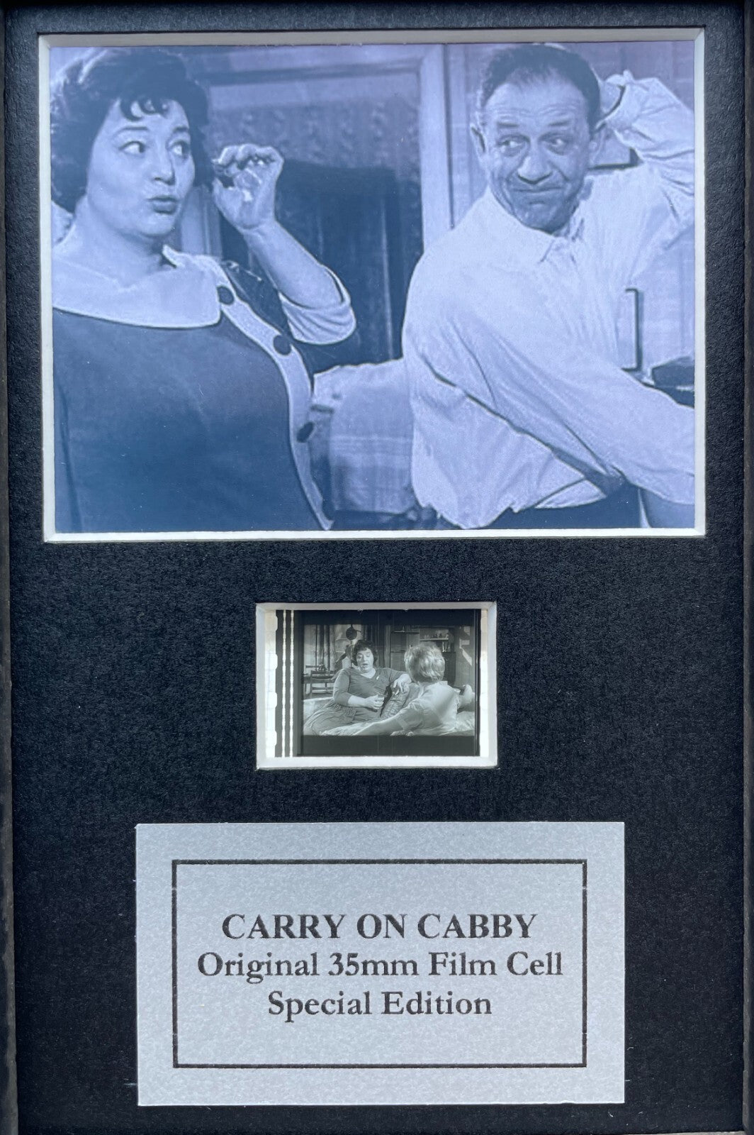 Handmade display featuring original Mini 35mm film cells for CARRY ON CABBY fans