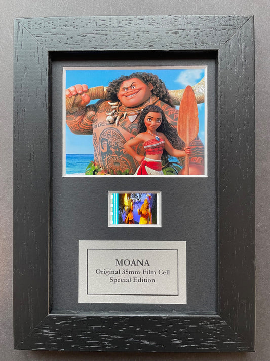 Handmade display featuring original Mini 35mm film cells for a MOANA 2016 fan