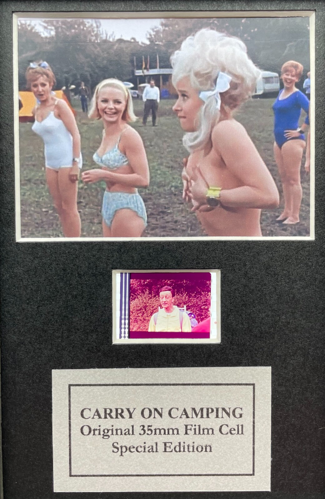 Hand crafted display featuring original 35mm filmcell for CARRY ON CAMPING fans