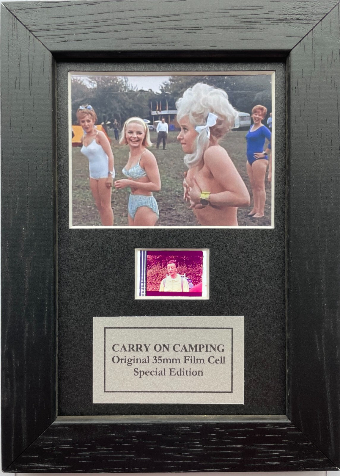Hand crafted display featuring original 35mm filmcell for CARRY ON CAMPING fans