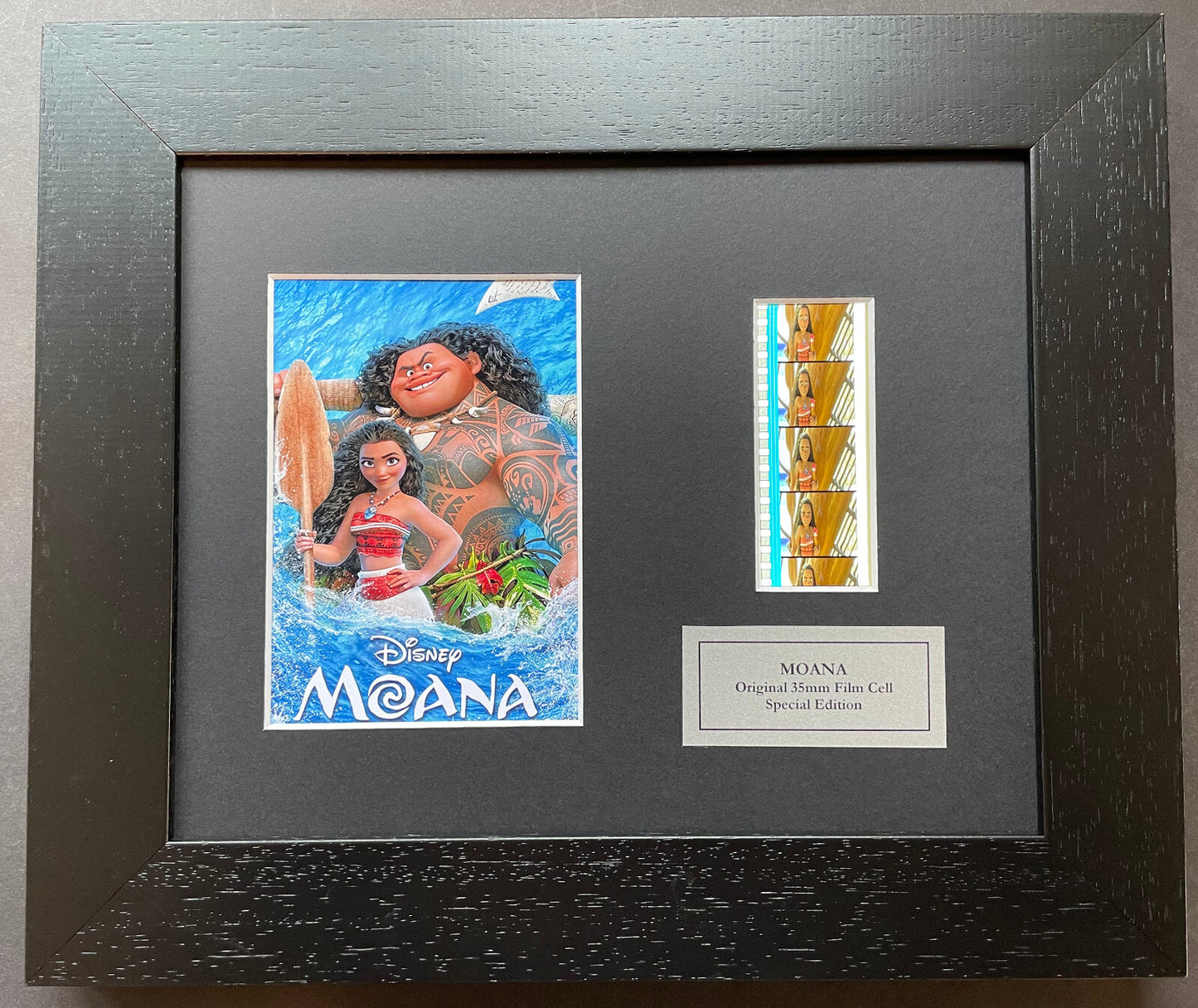 Handmade display featuring original 35mm film cells for a MOANA 2016 fan + COA