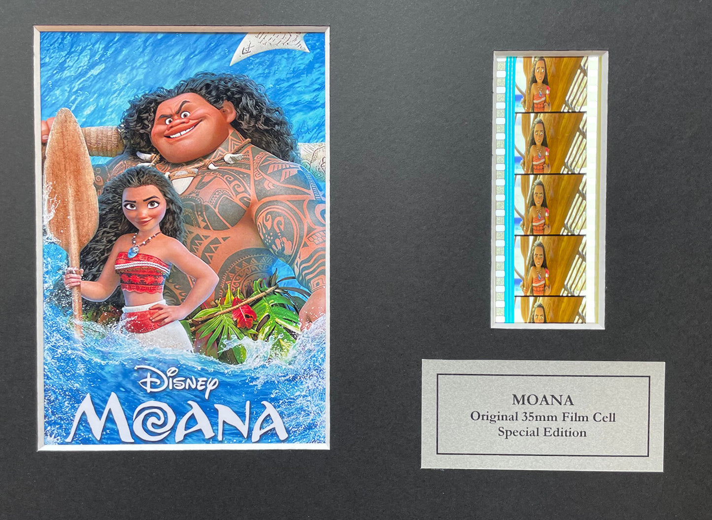 Handmade display featuring original 35mm film cells for a MOANA 2016 fan + COA