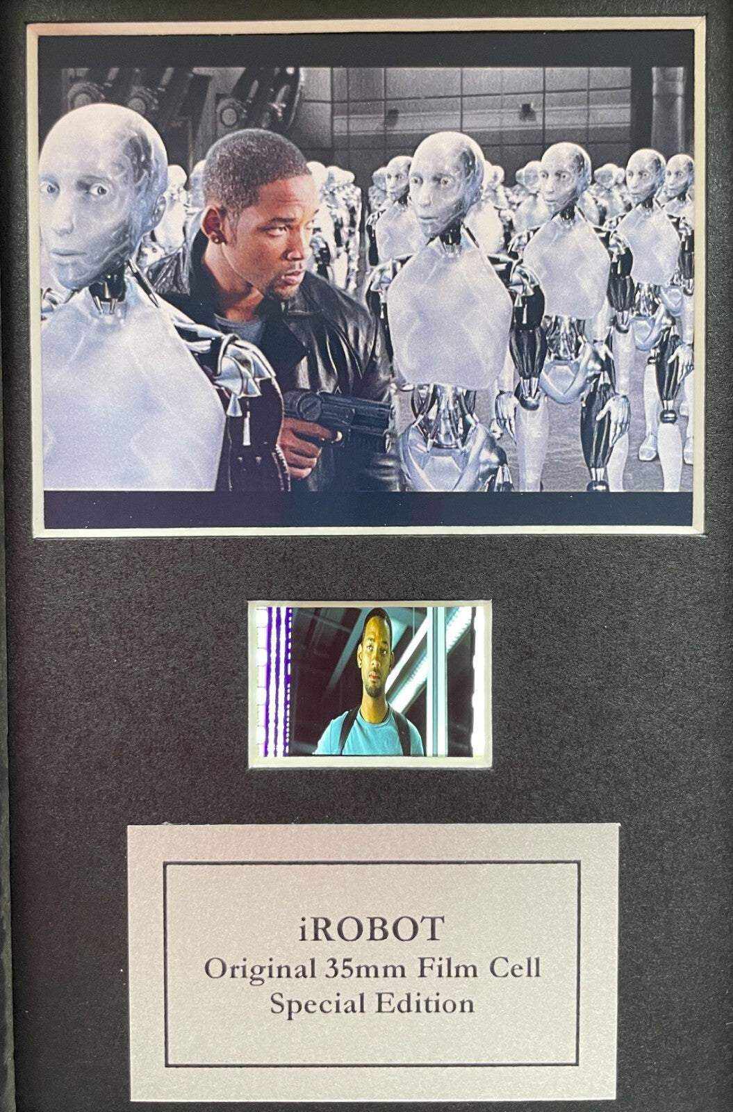 Hand crafted display featuring original Mini 35mm film cells for I, Robot fans