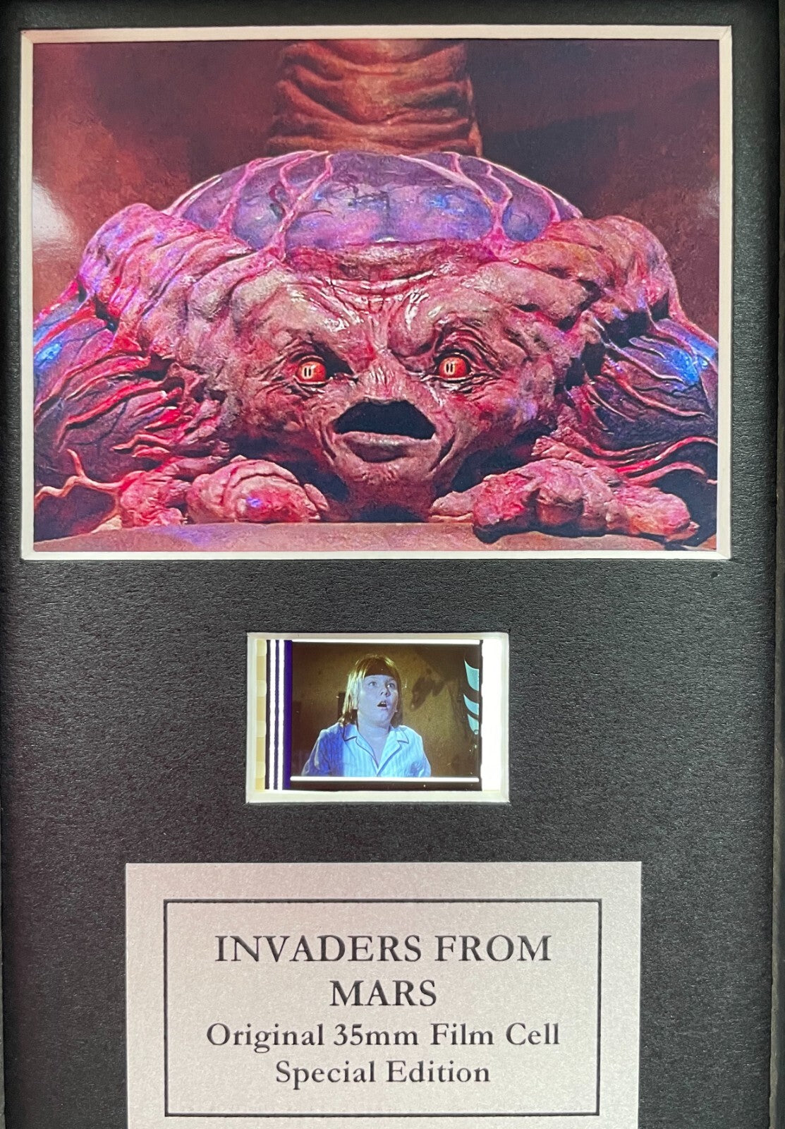 Handmade display featuring original Mini film cells for INVADERS FROM MARS fans
